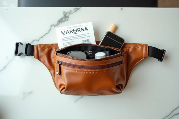 Sac banane en cuir ouvert à plat avec contenu voyage sur un comptoir d'enregistrement d'aéroport