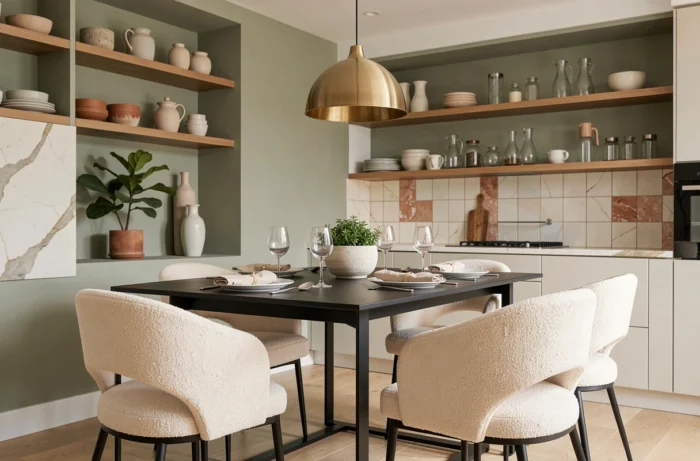 Salle à manger contemporaine ouverte sur cuisine avec table noire, chaises bouclé crème, crédence en zellige et étagères décoratives murales