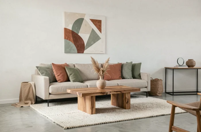 Salon moderne au style scandinave avec canapé en lin beige, table basse en chêne et accessoires décoratifs en céramique sur parquet béton ciré