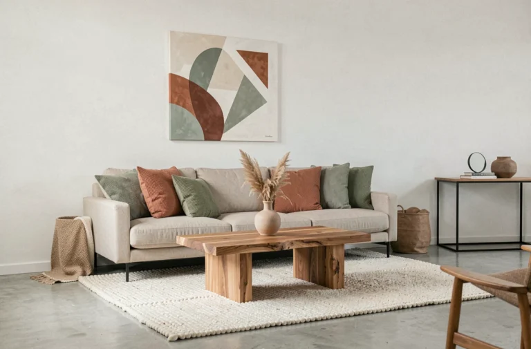 Salon moderne au style scandinave avec canapé en lin beige, table basse en chêne et accessoires décoratifs en céramique sur parquet béton ciré
