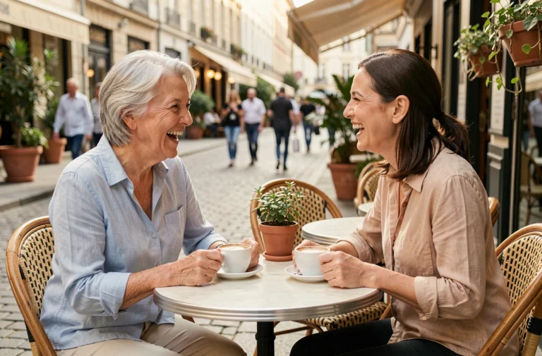 Femme senior épanouie discutant avec une amie en terrasse de café, illustrant l'autonomie sociale grâce à une bonne santé auditive après 60 ans