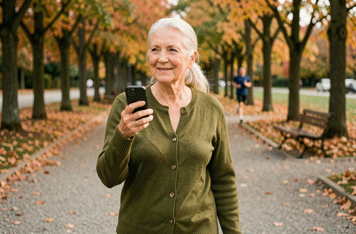 Femme âgée autonome se promenant dans un parc en écoutant un guide audio sur smartphone, symbole d'indépendance et de santé auditive après 60 ans