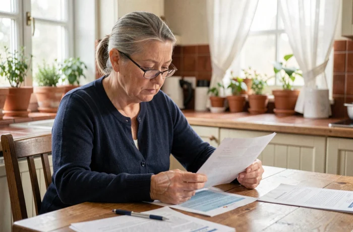 Femme senior examinant des documents de mutuelle santé à sa table de cuisine