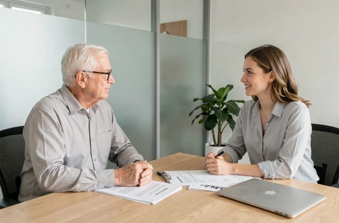 Senior homme en rendez-vous avec un conseiller pour choisir sa mutuelle santé