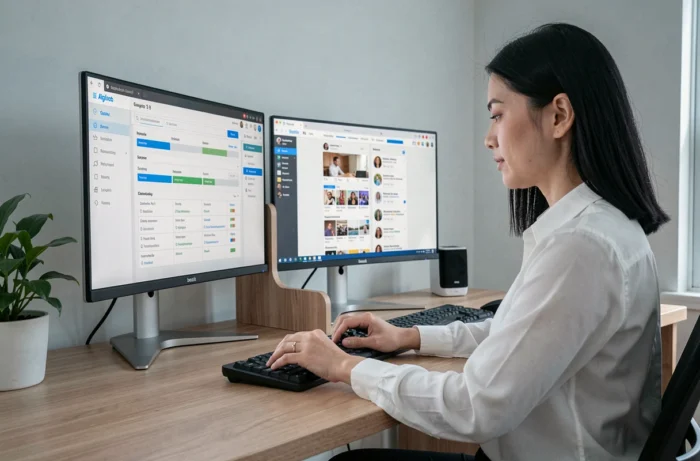 Femme séparant physiquement et visuellement ses outils numériques professionnels et personnels sur un bureau à deux écrans