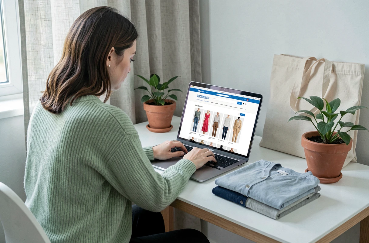 Femme faisant du shopping en ligne responsable sur son ordinateur portable depuis un bureau minimaliste avec des vêtements éthiques pliés