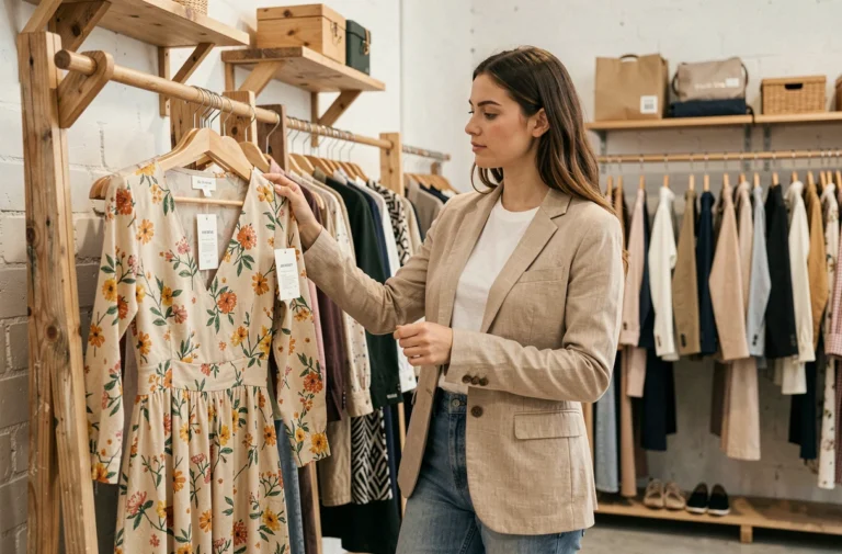 Jeune femme explorant des vêtements durables dans une boutique de mode indépendante aux murs blancs et au mobilier en bois recyclé