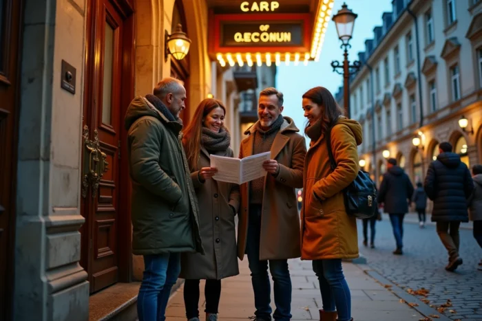 Groupe de spectateurs devant l'entrée d'un théâtre historique consultant le programme culturel