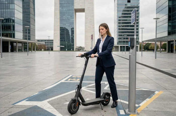 Femme professionnelle garant une trottinette électrique dans une zone de stationnement dédiée à La Défense