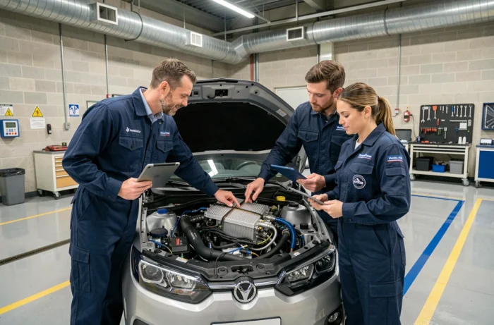 Équipe de techniciens analysant le groupe motopropulseur à hydrogène d'un véhicule prototype dans un centre d'essais automobile