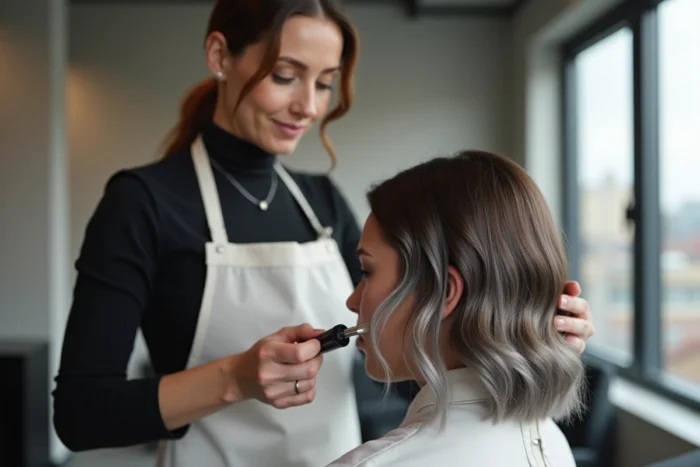 Coiffeuse appliquant la technique grey blending sur les cheveux bruns d'une cliente dans un salon moderne