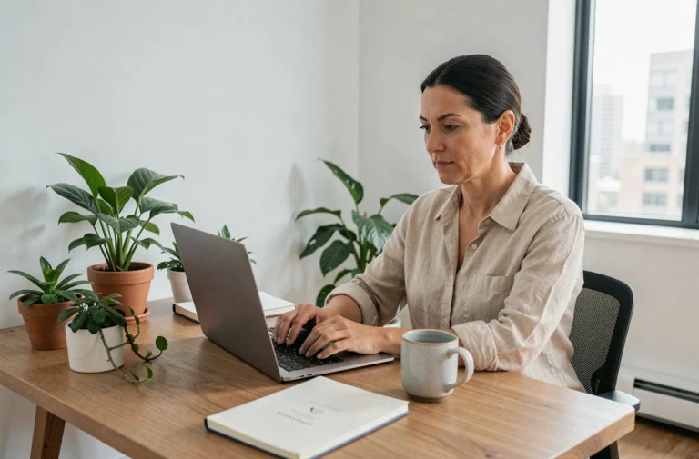 Femme travaillant depuis son domicile dans un espace de travail organisé et confortable, illustrant le télétravail en 2024