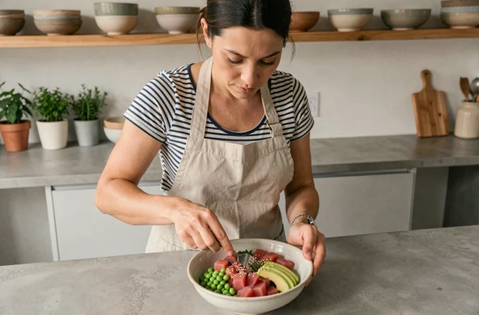 Femme préparant un bowl de poké coloré dans une cuisine moderne minimaliste, illustration des tendances culinaires actuelles