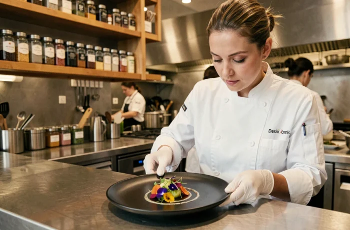 Cheffe cuisinière plating un plat gastronomique moderne avec fleurs comestibles et microgreens dans une cuisine ouverte contemporaine