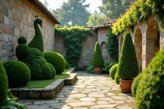 Collection de topiaires en forme d'animaux taillés dans des ifs le long d'une terrasse en pierre