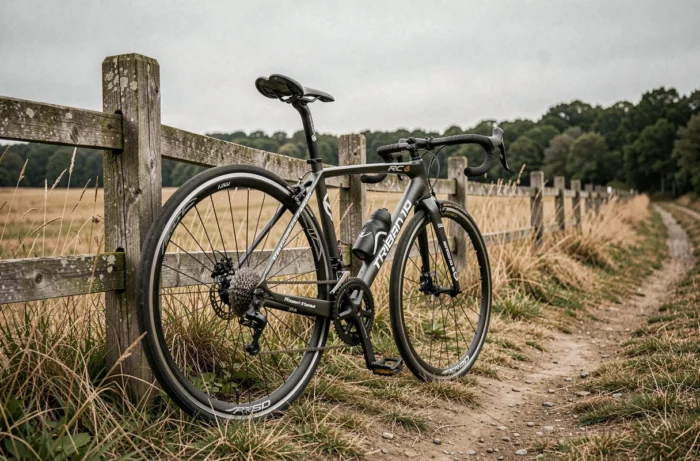Vélo de route Triban RC 120 appuyé contre une clôture en bois à la campagne, comparatif et caractéristiques techniques