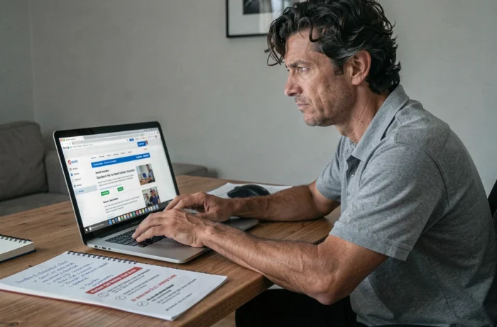 Homme vérifiant attentivement la fiabilité d'une offre de travail à domicile sur internet avant de s'engager, avec une checklist de vérification