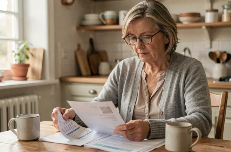 Femme âgée vérifiant sa pension d'invalidité sur des documents administratifs à la maison