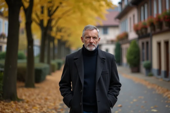 Homme en manteau de laine marchant dans une rue alsacienne pittoresque en automne, feuilles dorées au sol et maisons à colombages en arrière-plan