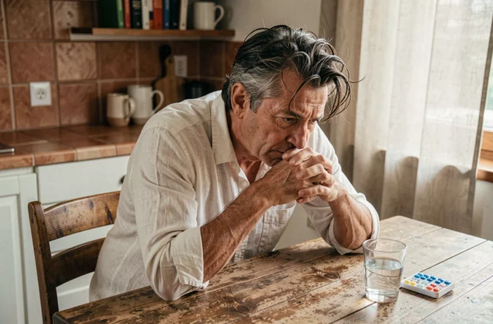 Homme assis à une table de cuisine avec un pilulier hebdomadaire, regard fatigué mais digne, illustrant le quotidien d'une personne vivant avec une maladie auto-immune