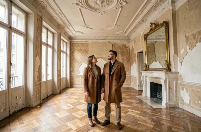 Couple visitant un appartement haussmannien vide à Paris avec moulures au plafond et parquet ancien