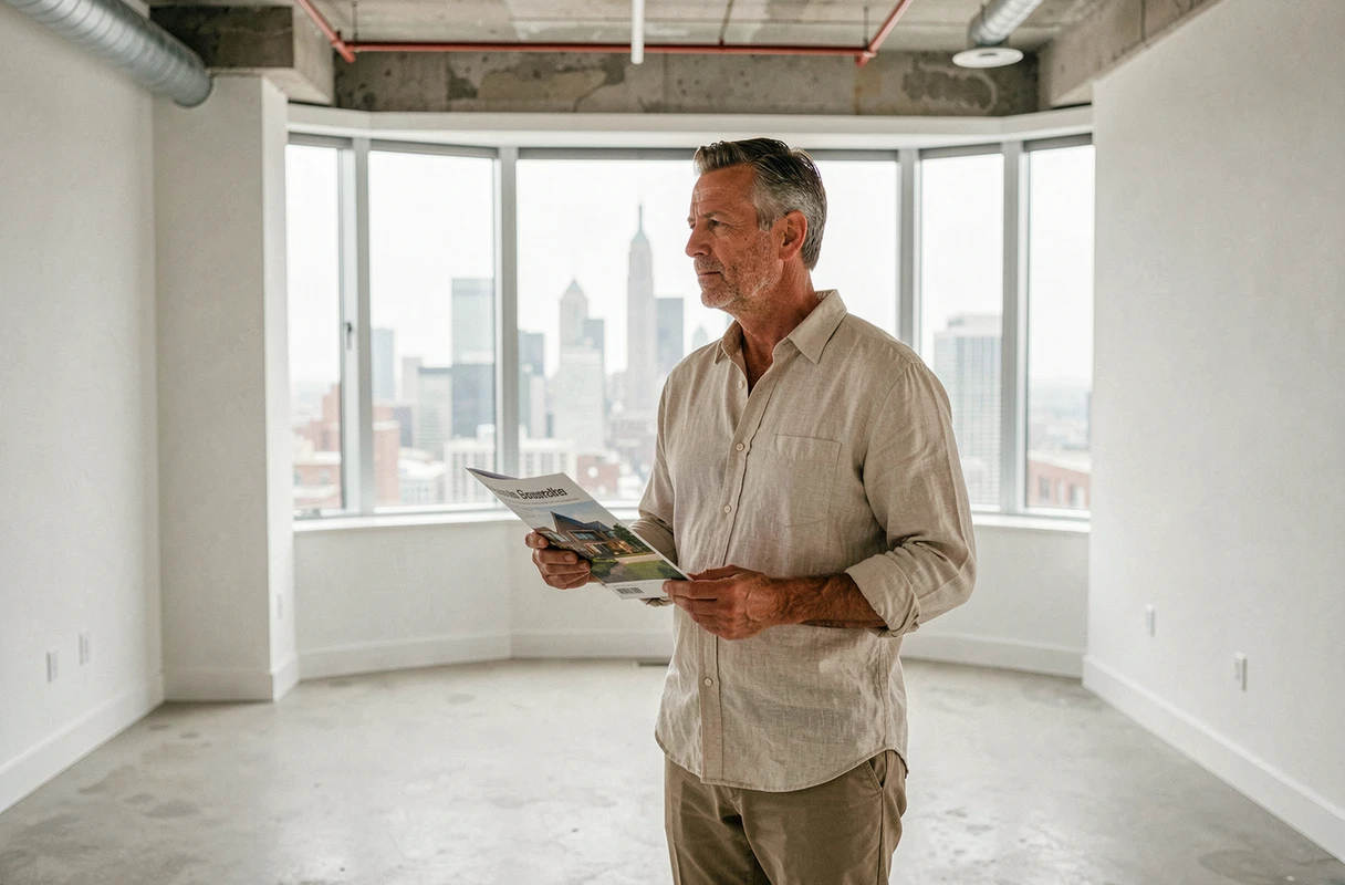 Homme visitant un appartement rénové en ville avec vue sur les toits pour un projet immobilier