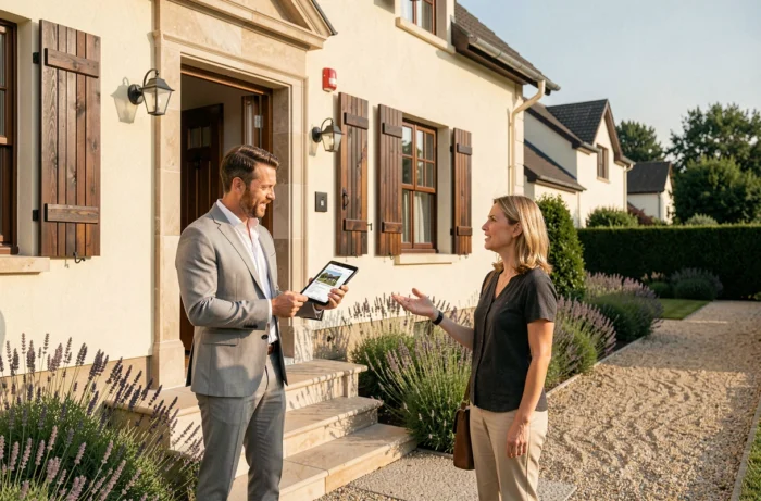 Agent immobilier présentant une maison pavillonnaire à une cliente lors d'une visite extérieure