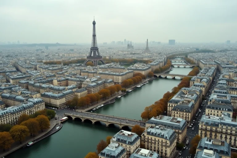 Vue aérienne de Paris avec la Tour Eiffel et la Seine en automne, quartiers haussmanniens vus du ciel