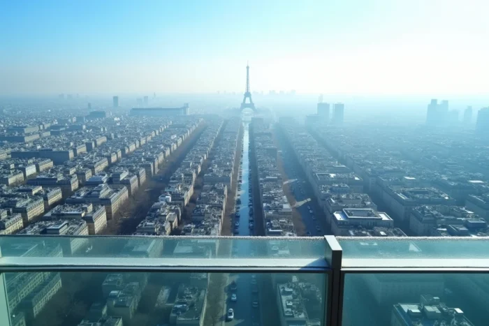 Vue depuis le sommet de la Tour Montparnasse sur Paris en hiver avec la Tour Eiffel au loin