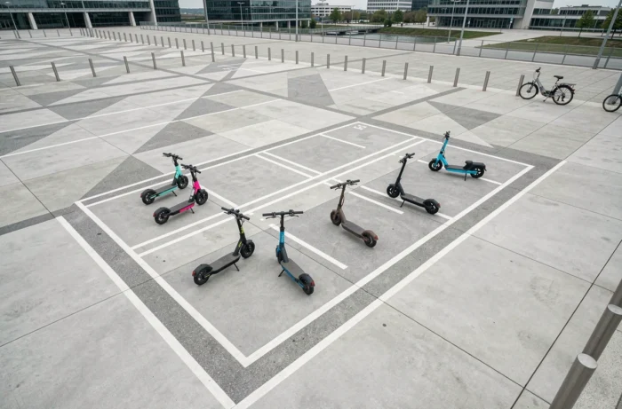 Vue aérienne d'une zone de stationnement pour trottinettes électriques sur l'esplanade de La Défense avec marquages au sol